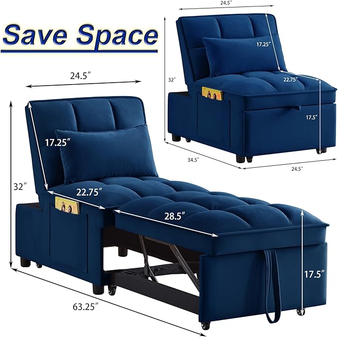 4 in 1 Sleeper Chair with Pullout BedConvertible Lazy Sleeper Sofa Chair withStorage Pockets &amp Adiustable Backrest forLiving Room (Navy)