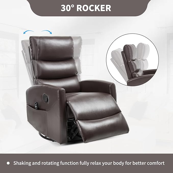 PELUMY 360° Swivel Rocker Recliner with Heat &amp Vibration Massage Glider Rocking Chair for Adults Compact Recliner for Living Room Small Spaces Nursery Bedroom (Breathable Leather Brown)