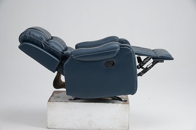 Manual Rocking Recliner Chair 36 Wide Black PU Leather with Diamond Stitching 350 lbs Capacity 90-165° Recline (Blue)