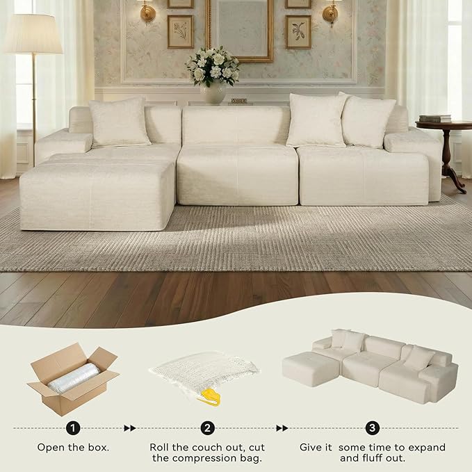 117 Modular Sectional Sofa Couch Chenille Upholstered Boneless Couch Oversized L-Shaped Cloud Sectional Couch with Ottoman &amp Deep Seating No Assembly Beige