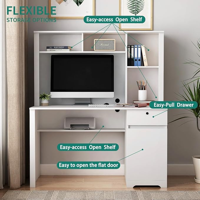 Hassyee Computer Desk with Hutch and Bookshelf Wood Writing Executive Desk with Drawers for Teens Student Home Office Desk with 3 AC Outlets and 2 USB Charging Ports (White)