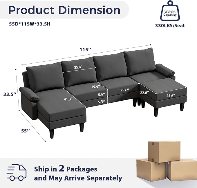 FONTOI U Shaped Sectional Couch Convertible Modular Sectional Sofa with Chaise &amp Ottomans Modern 6 Seat U Shaped Couches for Living Room Apartment Grey