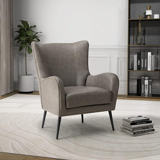 Upholstered Faux Leather Accent Chair with Black Metal Legs Comfy Armchair with Removable Cushion &amp Nailhead Trim Wingback Vanity Chair for Reading Living Room Bedroom