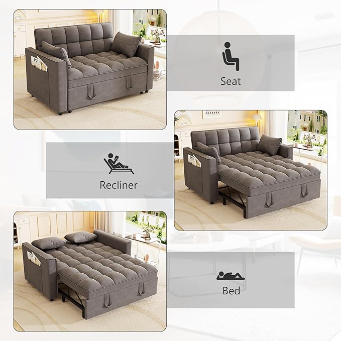 Hison Convertible Sleeper Sofa Bed 3 in 1 Pull Out Couch Bed with Adjustable Backrest Sectional Small Couches for Small Spaces Loveseat for Apartment Living Room (Dark Gray Velvet)