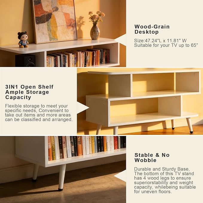 Lightdot TV Stand for TVs up to 45'' Modern Entertainment Center with 3 Storage Open Large Capacity for Collection Media Console Table for Living Room/Entrance/Sofa CabinetEasy Assembly-White