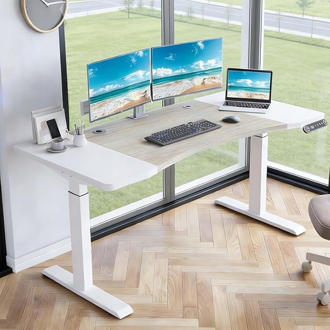 63 Curve Electric Standing Desk Adjustable Height White Seated Stand up Computer Desks for Work Office Home Ergonomic Lift-up Gaming Tables with Wheels &amp Splice Board &amp USB (Oak white/63/HL