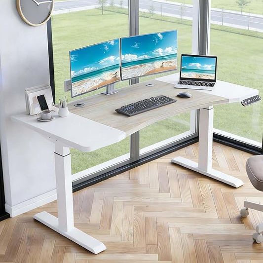63 Curve Electric Standing Desk Adjustable Height White Seated Stand up Computer Desks for Work Office Home Ergonomic Lift-up Gaming Tables with Wheels &amp Splice Board &amp USB (Oak white/63/HL