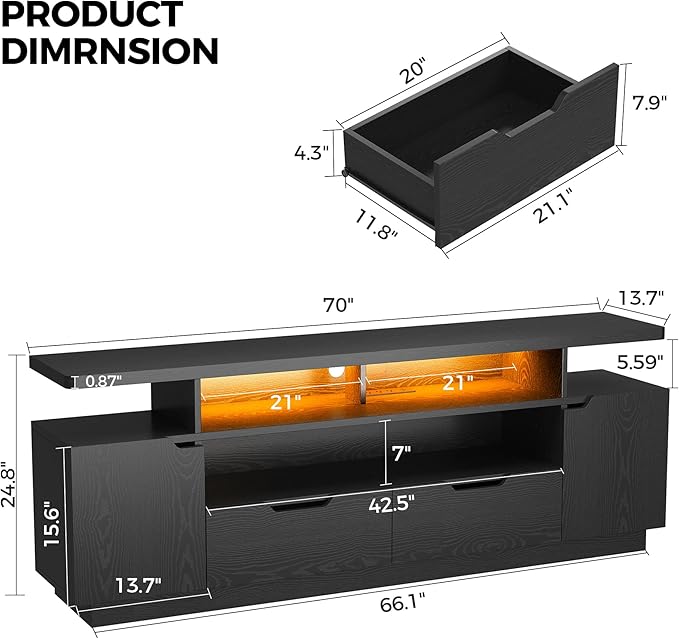 IRONCK TV Stand for TVs 85 inch with Power Outlet and LED Lights Entertainment Center with Storage Cabinets Media TV Console with Drawers Modern TV Stand for Living Room Black