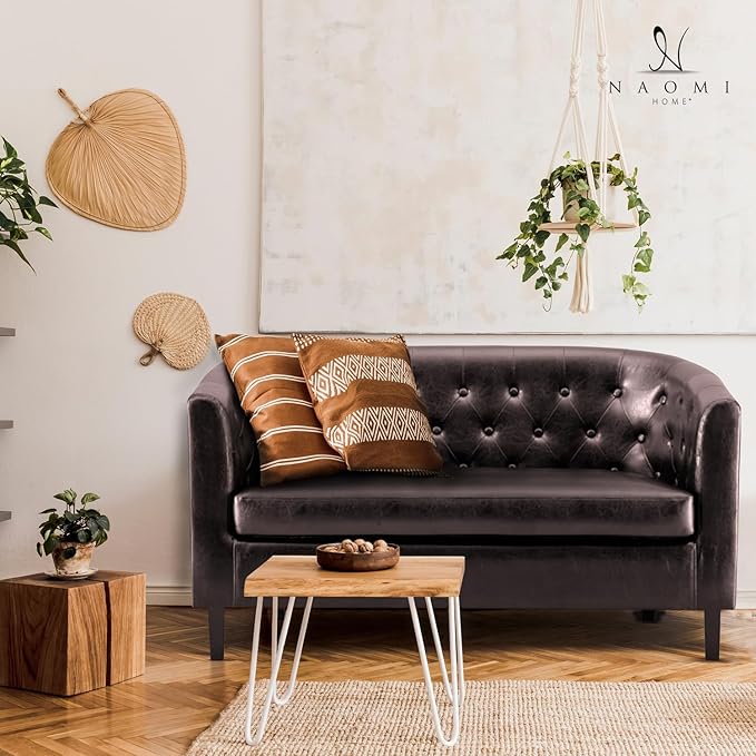Naomi Home Emma Faux Leather Loveseat Modern Two-Seater Sofa with Wooden Legs Compact &amp Comfortable Seating for Living Room Bedroom or Office - Espresso