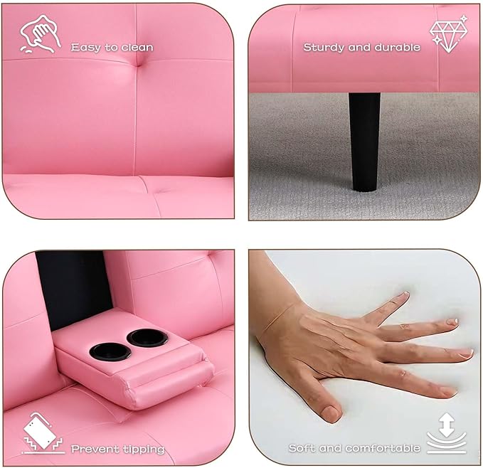 67 Futon Sofa BedConvertible Sofa Bed with 2 Cup HoldersSleeper Couch PVC Leather Removable Soft Armrest Small Couch for Living Room Apartments ﻿ (Pink)