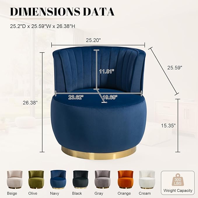360 Degree Swivel Accent Chair Comfy Round Swivel Barrel Chair with Mental Base Upholstered Cozy Reading Armchairs Modern Lounge Sofa Chairs for Living Room Bedroom Club Office(Velvet Navy)
