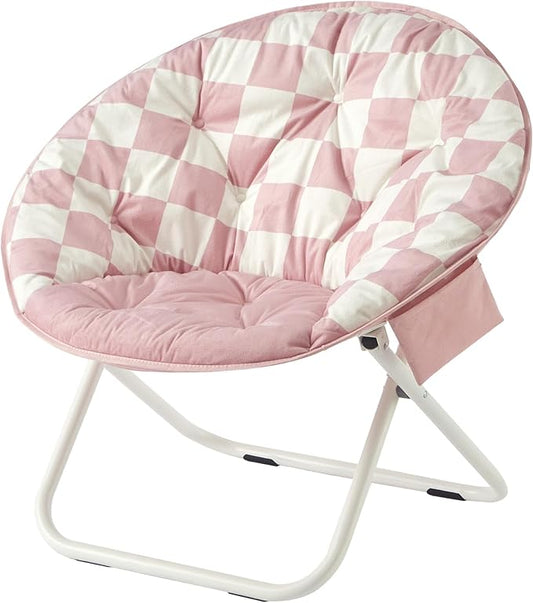Urban Lifestyle Printed Back Micromink Saucer™ Chair with White Legs and Side Storage Pocket Pink and White Check