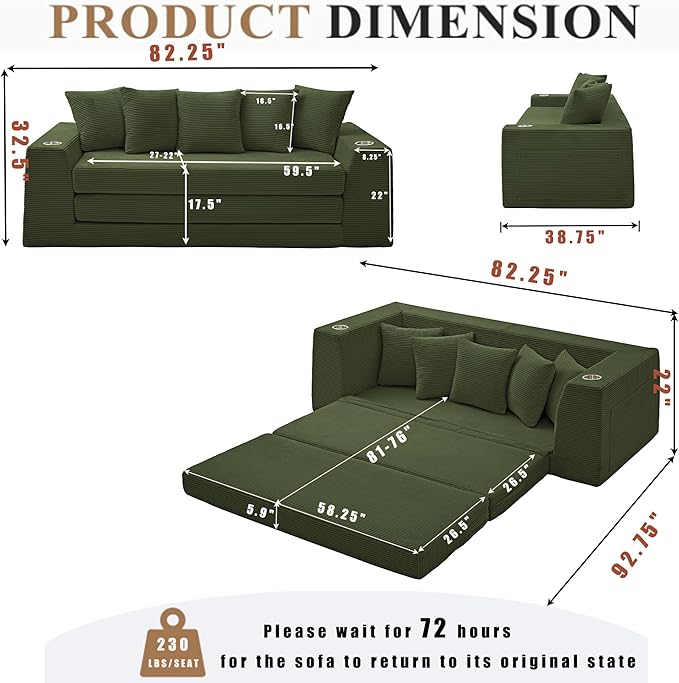 KEIKI 82 Corduroy Modular Sectional Sofa Bed with 5 Pillows &amp 2 Side Pocket &amp 2 Cup Holders Convertible 3-Seater Sleeper Couch with Memory Foam Cushion No Assembly Required for Living Room