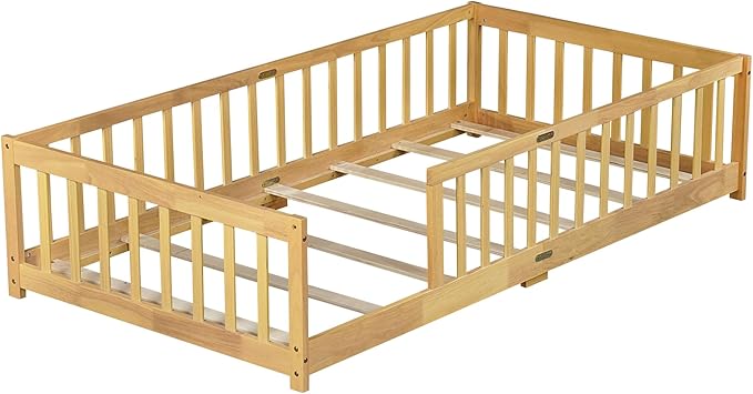 Bellemave Twin Floor Bed with Slats and Safety Guardrails Kids Montessori Floor Beds with Fence and Without Door Easy Assemble Floor Bed for Kids Girls Boys Natural