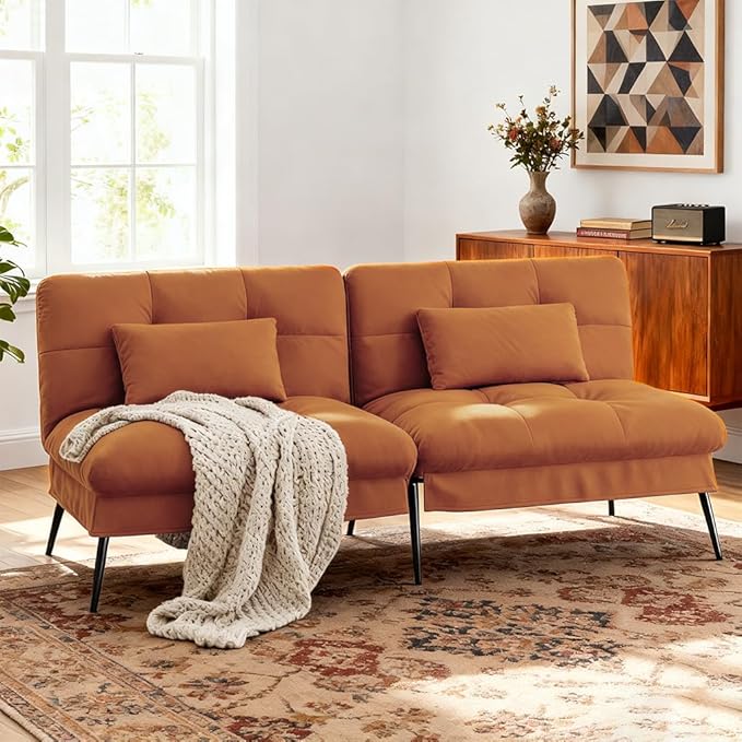 COMHOMA Convertible Sofa Bed68″Fabric Couch with Adjustable BackrestLoveseat Recliner Sleeper Living Room Furniture futon SetOrange