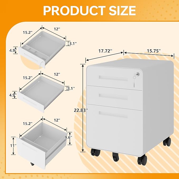 STANI 3 Drawer Filing Cabinet Metal Filing Cabinet Legal/Letter Size with Lock Mobile Storage Cabinet for Home and Office Fully Assembled Except Wheels White