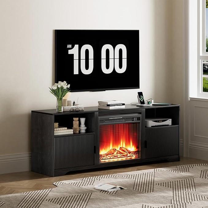 Fireplace TV Stand for Television up to 80 InchEntertainment Center with Adjustable ShelfMid-Century Modern Fluted TV Stand with 23 Electric FireplaceMedia Console for Living RoomBedroom