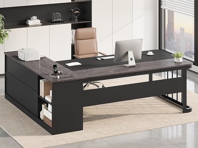 71 Executive Desk Large Office Desk with Drawers &amp Storage Shelves Modern L Shaped Computer Desk Corner Desk with Power Outlets File Cabinet Business Furniture Desk Workstation (Grey)