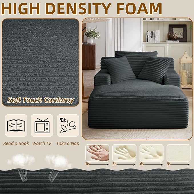 Oversized Chaise Lounge Chair Indoor Bedroom Single Deep Seat Comfy Corduroy Upholstered Sofa Bed No Assembly Required Sleeper Chair Sofa for Living Room (Grey)