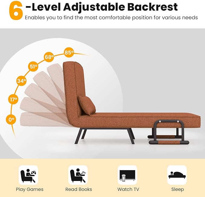 HOMGX 4-in-1 Convertible Sofa Chair Bed Leisure Recliner Sleeper w/ 6 Adjustable Position Backrest Lounge Seat Folding Sofa Bed w/High Elastic Sponge Ideal for Home Office (Coffee)