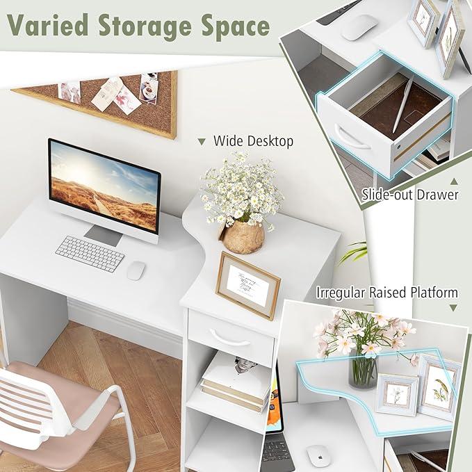 GOFLAME Computer Desk Modern Laptop PC Desk with Adjustable Shelf &amp Cable Hole Compact Writing Desk Study Desk with Monitor Stand Wooden Computer Workstation for Home Office White