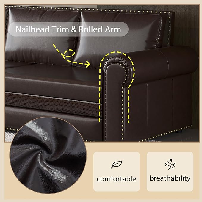 93.7 Faux Leather Convertible Sleeper Sofa 3 in 1 King Size Pull Out Sofa Bed Oversized Loveseat Couch for Living Room Bedroom Dark Brown