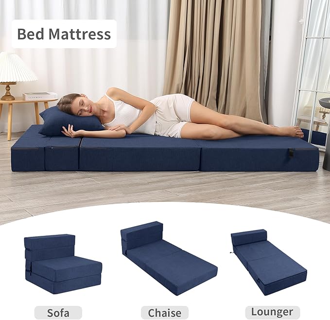 Folding Sofa Bed High-Density Memory Foam Sofa with a Fluffy Pillow Floor Couch Guest Bed Single Size Navy