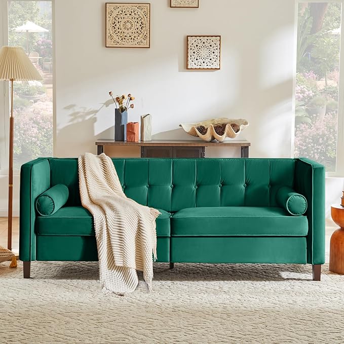 Kingfun 78 Couch for Living Room Mid Century Modern Sofa Velvet Loveseats with Bolster Pillows Home Sofa for Bedroom Green