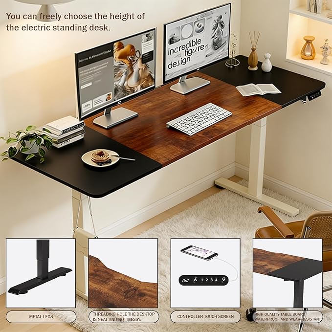 Electric Standing Desk 55 x 24 Inch Height Adjustable Desk Sit Stand Desk with Type-C Charging and Memory Preset Computer Desk for Home Office (Black + Brown)