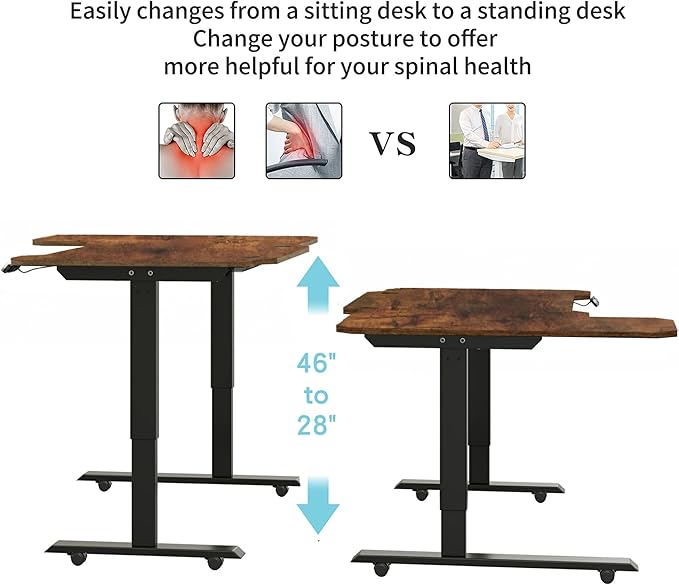 L-Shaped Electric Standing Desks Adjustable Height Black Wood Top Rising Desks for Home Office 59 Inch Sit Stand Desk Electric with Wheels &amp Type-C Port/Controller (Rustic Brown)