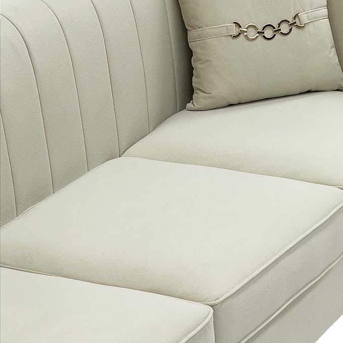 84'' L Modern 3 Seater Beige Velvet Sofa Couches with Metal Gold Legs for Living Room Mid Century Classic Tufted Chesterfield Sofa for Apartment