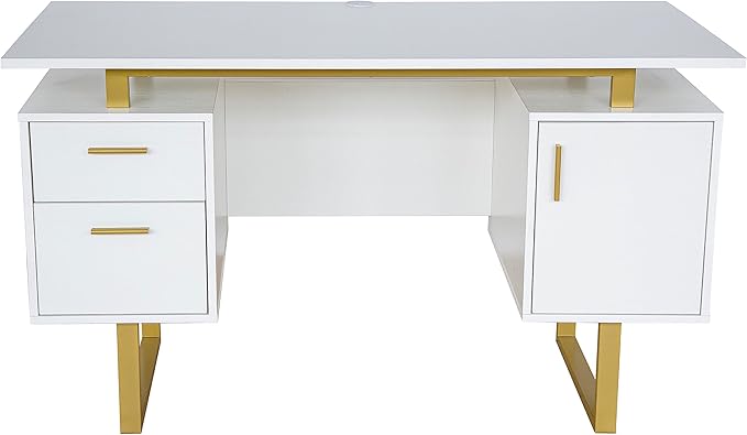 Techni Mobili Storage Drawers and Cabinet 51.25” W-Modern Office Large Floating Desktop Surface Desk 23.6 D x 51.2 W x 29.8 H White/Gold