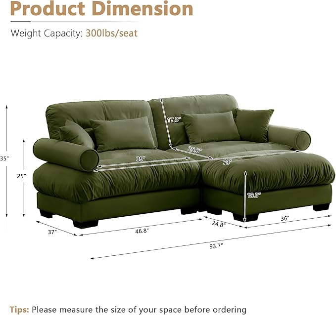 Oversized Modular Sectional Sofa 93.7 Inch L Shaped Couch Set for Living Room 2-Seater Comfy Velvet Cloud Couches with Movable Ottoman Round Bolster Armrest Olive Green