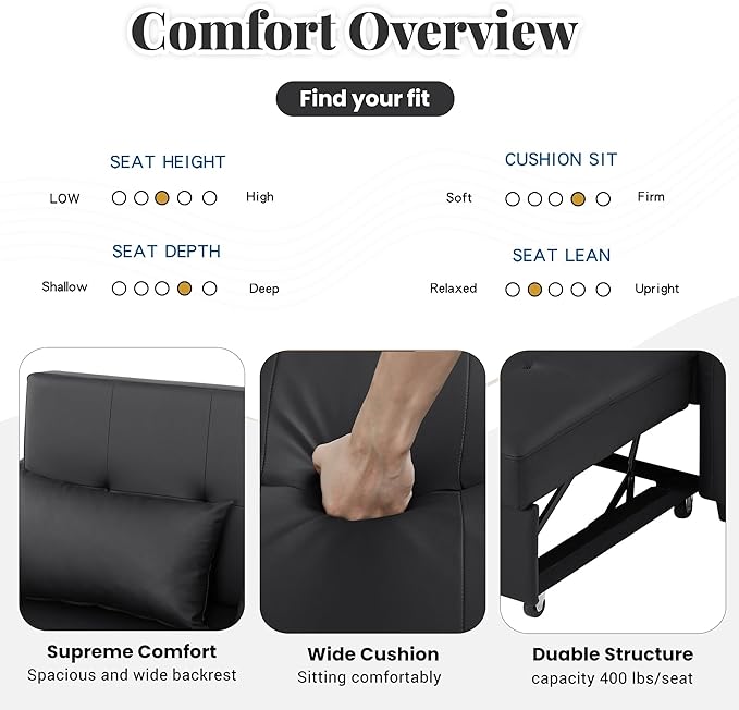Black Convertible Sofa Bed 3-in-1 Sleeper Sofa with Pull-Out Bed PU Leather Futon Couch with Adjustable Backrest USB Port for Living Room Bedroom Apartment RV (Black)