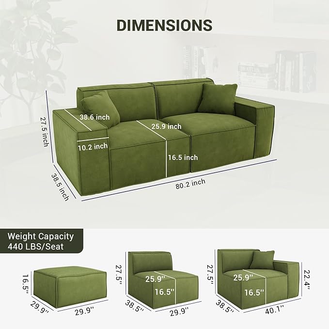 Cloud Modular Sectional Sofa Boneless Couch Sectional Couches with Deep Seat Loveseat Couch for Living Room Chenille Memory Foam Sofas No Assembly RequiredGreen
