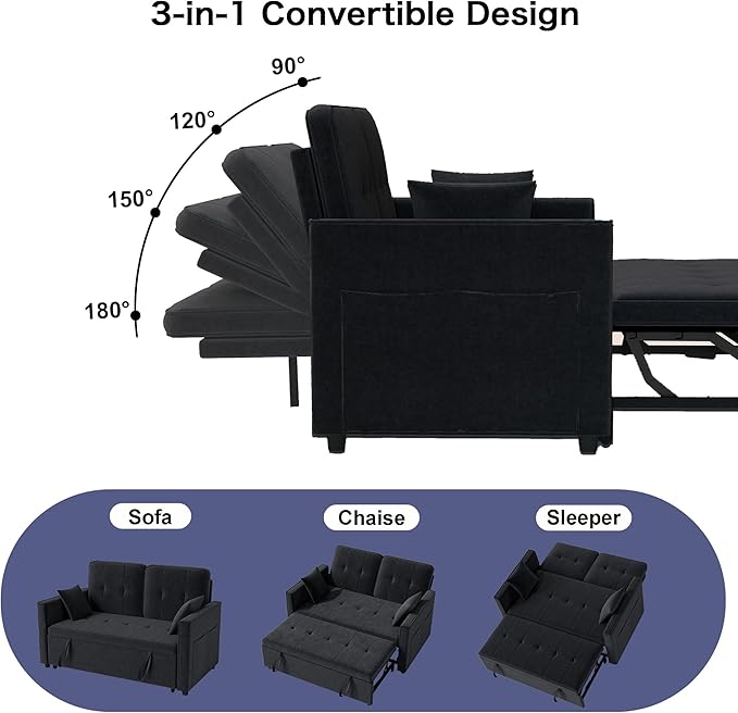 Loveseat Sleeper Sofa Bed Couch: Queen Sleeper Chair Pull Out Bed for Living Room Black Velvet Couch Beds for Small Spaces 3 in 1 Convertible Sofa with Armrests