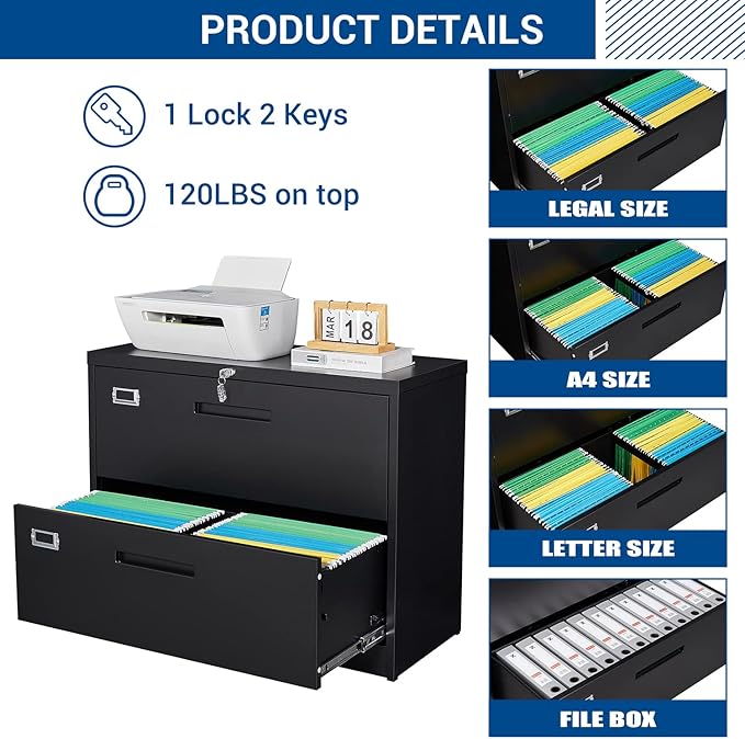 Lateral File Cabinet with Lock 2 Drawer Large Metal Filing CabinetHome Office Lockable Storage Cabinet for Hanging Files Letter/Legal/F4/A4 Size-Assembly Required