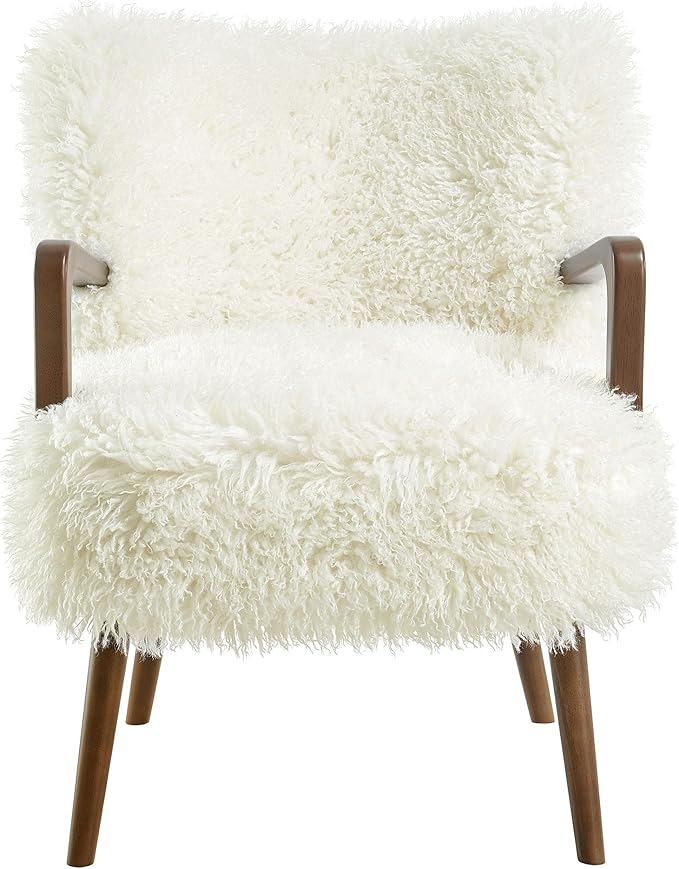 Modway Zerra Upholstered Faux Shearling Lounge Chair in White – Mid-Century Modern Accent Armchair with Wood Frame – Fuzzy Fabric Single Sofa Chair