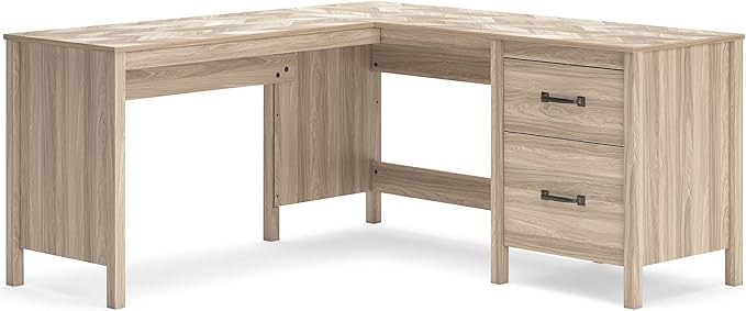 Signature Design by Ashley Battelle Casual L-Shaped Chevron Pattern 60 Home Office Desk with Return Drawer and Cabinet Light Brown