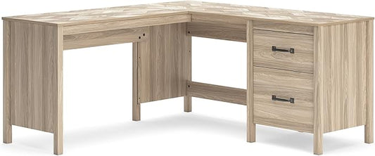 Signature Design by Ashley Battelle Casual L-Shaped Chevron Pattern 60 Home Office Desk with Return Drawer and Cabinet Light Brown