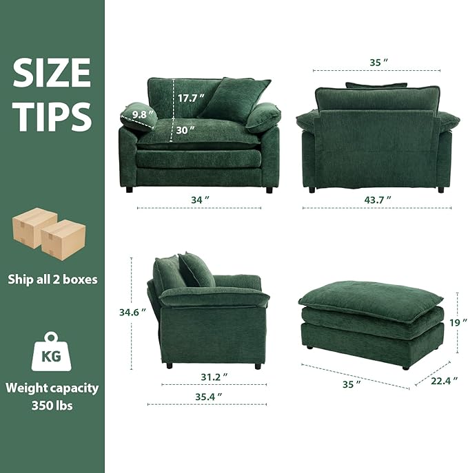 Green Modern Oversized Chair Set of 2 Comfy Chenille Accent Chair Large Upholstered Armchair with Extra Thick and Deep Seat Lounge Chair for Living RoomBedroomApartment