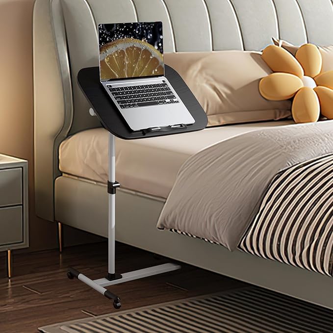 Mobile Standing Desk Adjustable Height Computer Desk with 360° Rolling Casters Tilting Overbed Table for Home Office and School White