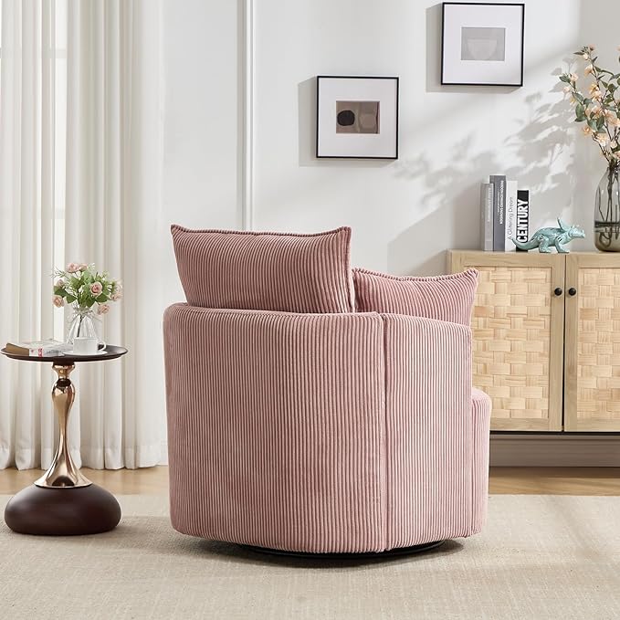 360° Swivel Accent Armchair Chair Pink Swivel Round Barrel Chair with 2 Pillows Upholstered Corduroy Accent Chairs for Living Room Bedroom Reading