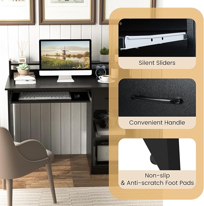 GOFLAME Computer Desk Home Office Desk with Large Drawers Hutch Keyboard Tray 5-Position Adjustable Open Shelves Easy Assembly Writing Desk for Bedroom Small Space Living Room Black