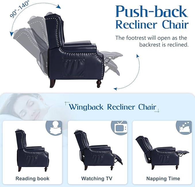 Wingback Recliner Chair with Massage and Heat Tufted PU Leather Push Back Recliner Chair for Living Room Leather Wing Back Chair with Remote Control Padded Cushion Backrest Wooden Legs