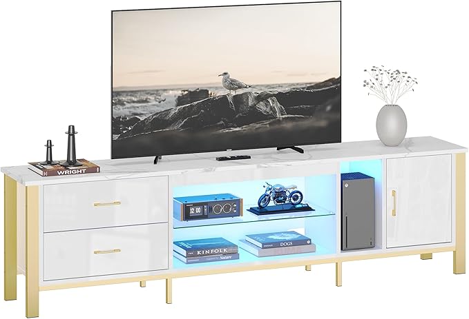Bestier TV Stand for 75/80/85 inch TVs LED Gaming Entertainment Center Media Console with Glass Shelves for Living Room 2 Storage Drawers &amp Cabinets for Bedroom White Glossy