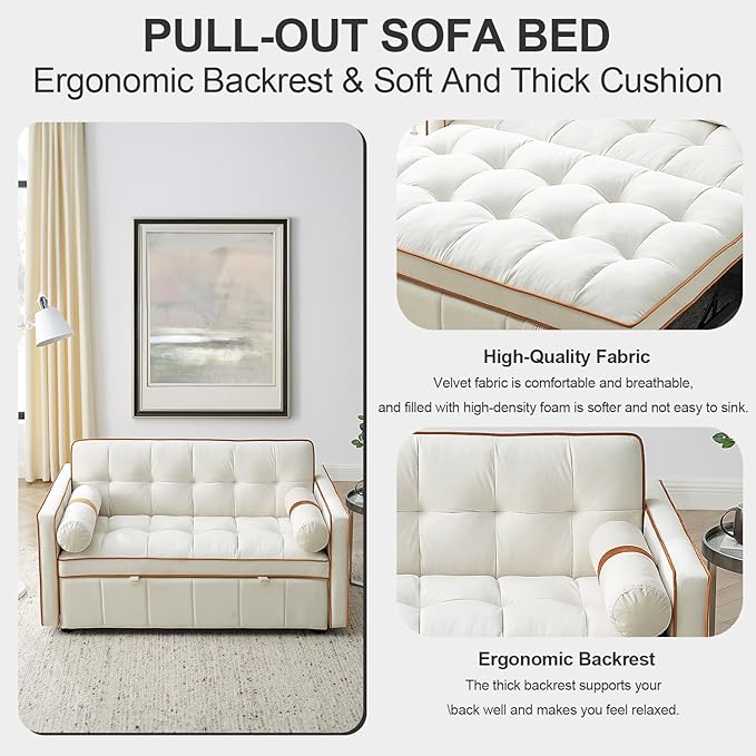 3-in-1 Convertible Sleeper Sofa Bed55.5 Modern Velvet Tufted Pull Out Couch BedFuton Small Love Seat Sofa with Adjustable Backrest&ampCylinder Pillows for Living RoomBedroomApartment(Beige)