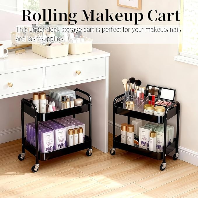 2 Tier Rolling Cart with Wheels for Under Desk Storage &amp Pantry Room Large Capacity Laundry Room &amp Makeup Organizer Sturdy Kitchen Utility Cart for Small Space with 4 Hooks Black