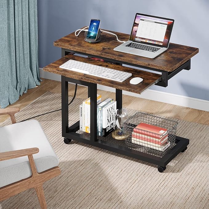 Tribesigns Small Portable Desk with Power Outlet Height Adjustable Sofa Couch Bedside Laptop Table with Wheels Mobile Standing Desk Rolling Computer Cart C Side Table with USB Ports