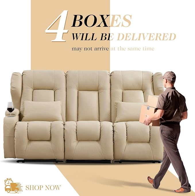 Loveseat Recliner Sofa with Flip Middle Seat3 Seater Reclining Couch Wall Hugger Recliners for Small SpacesFabric Manual 3 Seater Sofa Recliner with Cup Holders/Lumbar PillowsRV FurnitureBeige